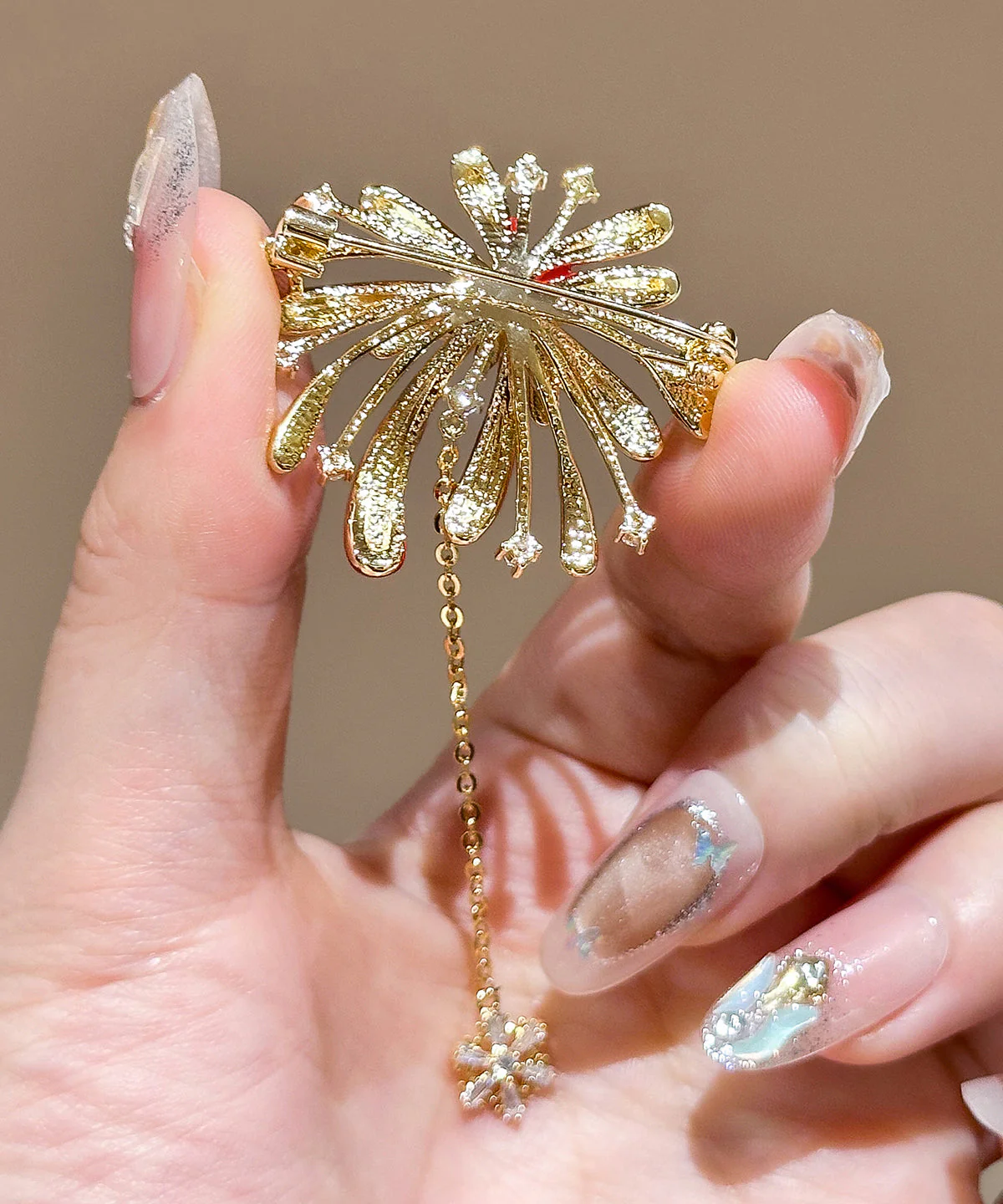 New Year Red Copper Overgild Zircon Fireworks Tassel Hairpin - Image 5