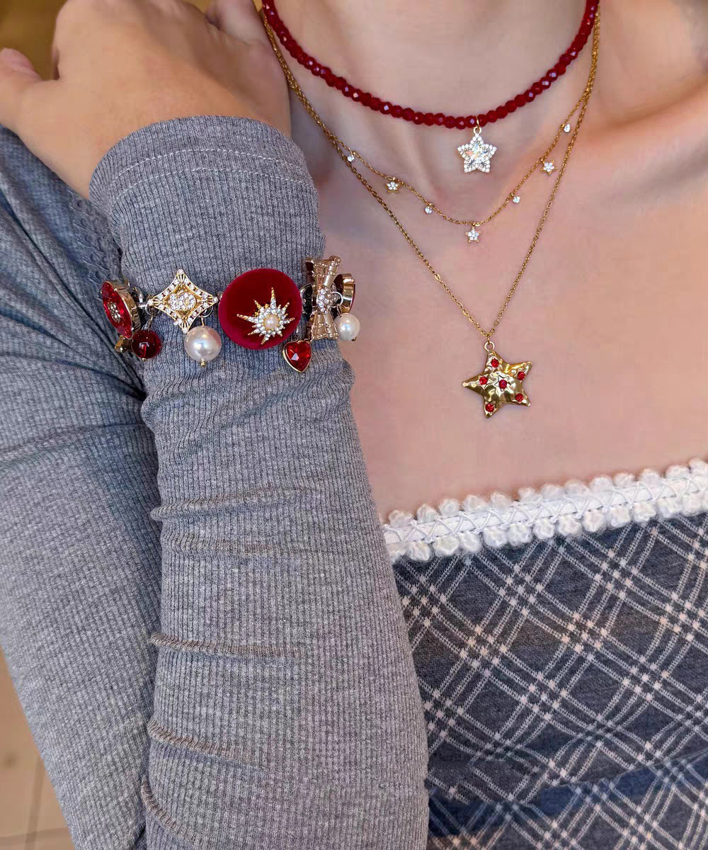 New Year Red Stainless Steel Zircon Pearl Love Charm Bracelet - Image 3