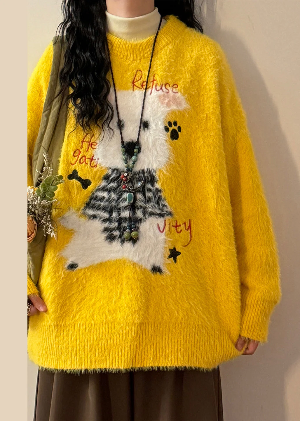 New Yellow Animal Jacquard Mink Hair Knitted Sweater Spring - Image 3
