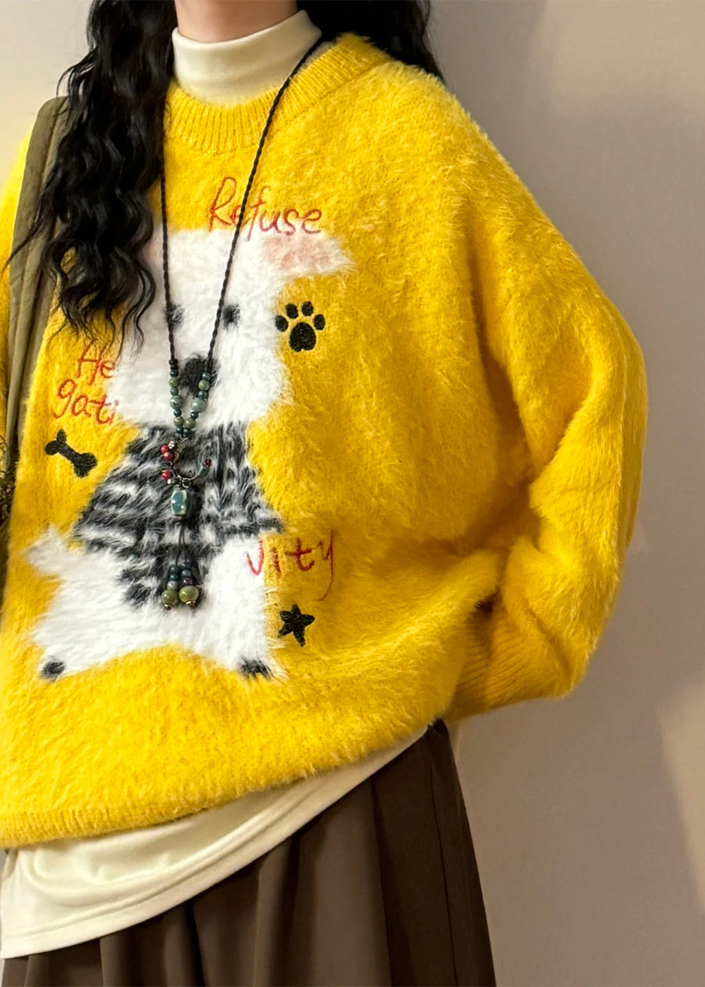 New Yellow Animal Jacquard Mink Hair Knitted Sweater Spring - Image 5