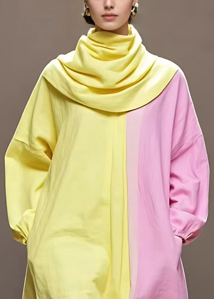 New Yellow Asymmetrical Pockets Patchwork Cotton Dress Long Sleeve - Image 3
