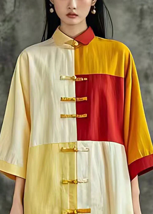 New Yellow Button Patchwork Cotton Shirts Dresses Bracelet Sleeve - Image 3