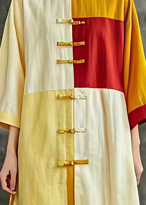 New Yellow Button Patchwork Cotton Shirts Dresses Bracelet Sleeve - Image 5