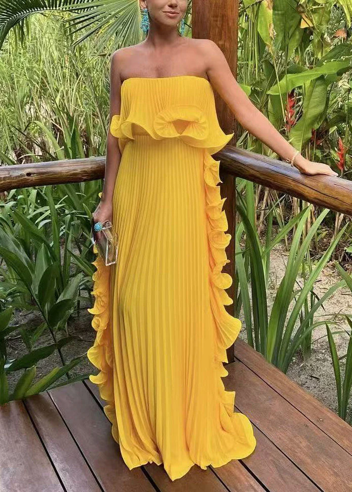 New Yellow Cold Shoulder Wrinkled Solid Chiffon Ankle Dress Sleeveless - Image 3