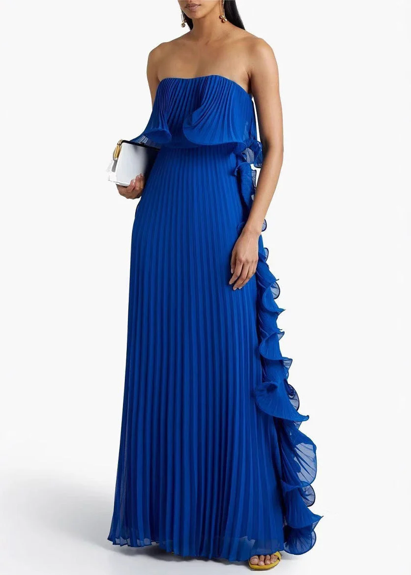 New Yellow Cold Shoulder Wrinkled Solid Chiffon Ankle Dress Sleeveless - Image 5