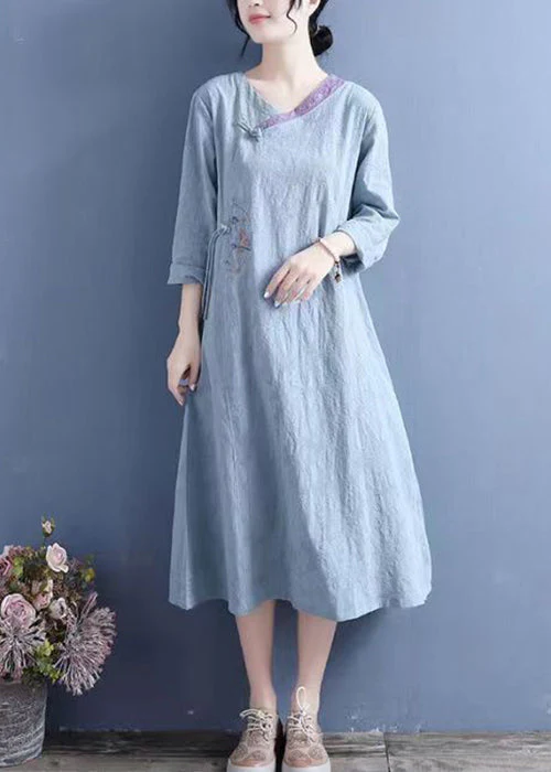 New Yellow Embroidered Chinese Button Cotton Dresses Spring - Image 2