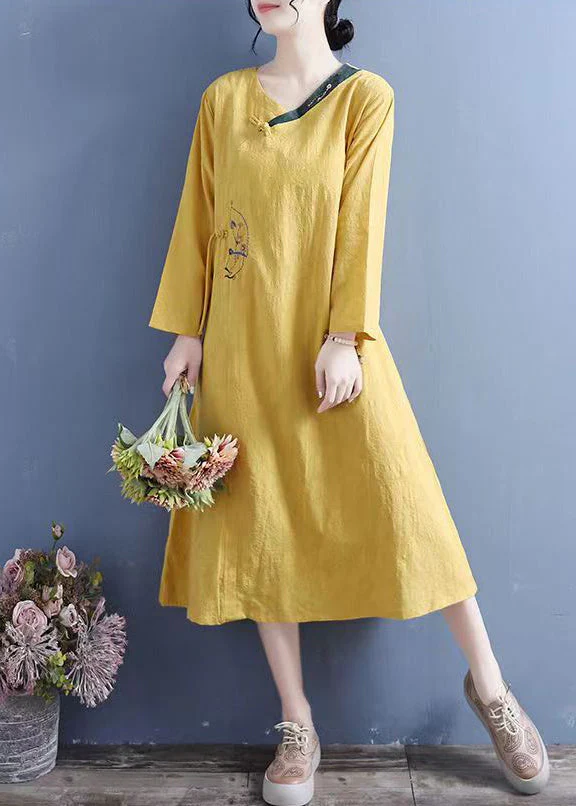 New Yellow Embroidered Chinese Button Cotton Dresses Spring - Image 3