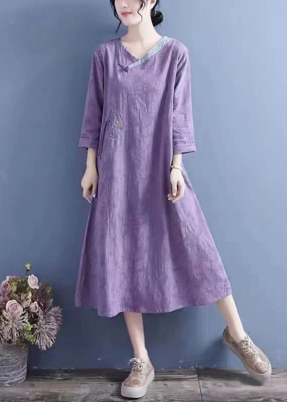 New Yellow Embroidered Chinese Button Cotton Dresses Spring - Image 4