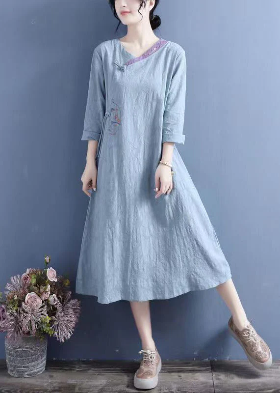 New Yellow Embroidered Chinese Button Cotton Dresses Spring - Image 5