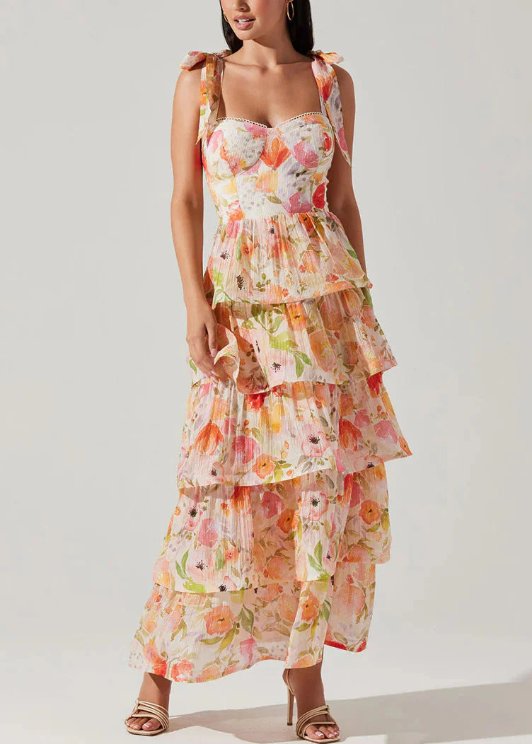 New Yellow Lace Up Print Chiffon Spaghetti Strap Dress Sleeveless - Image 4