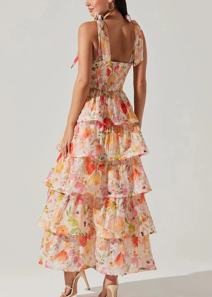 New Yellow Lace Up Print Chiffon Spaghetti Strap Dress Sleeveless - Image 5