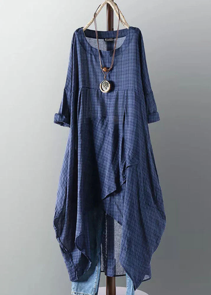 New Yellow O Neck Asymmetrical Plaid Cotton Dress Summer - Image 2
