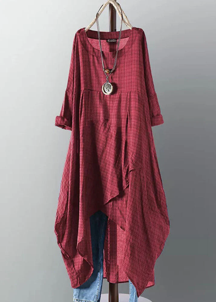 New Yellow O Neck Asymmetrical Plaid Cotton Dress Summer - Image 3