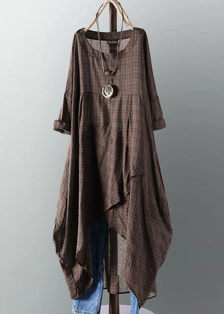 New Yellow O Neck Asymmetrical Plaid Cotton Dress Summer - Image 4