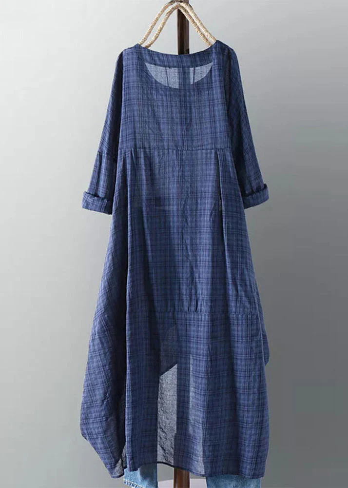 New Yellow O Neck Asymmetrical Plaid Cotton Dress Summer - Image 5
