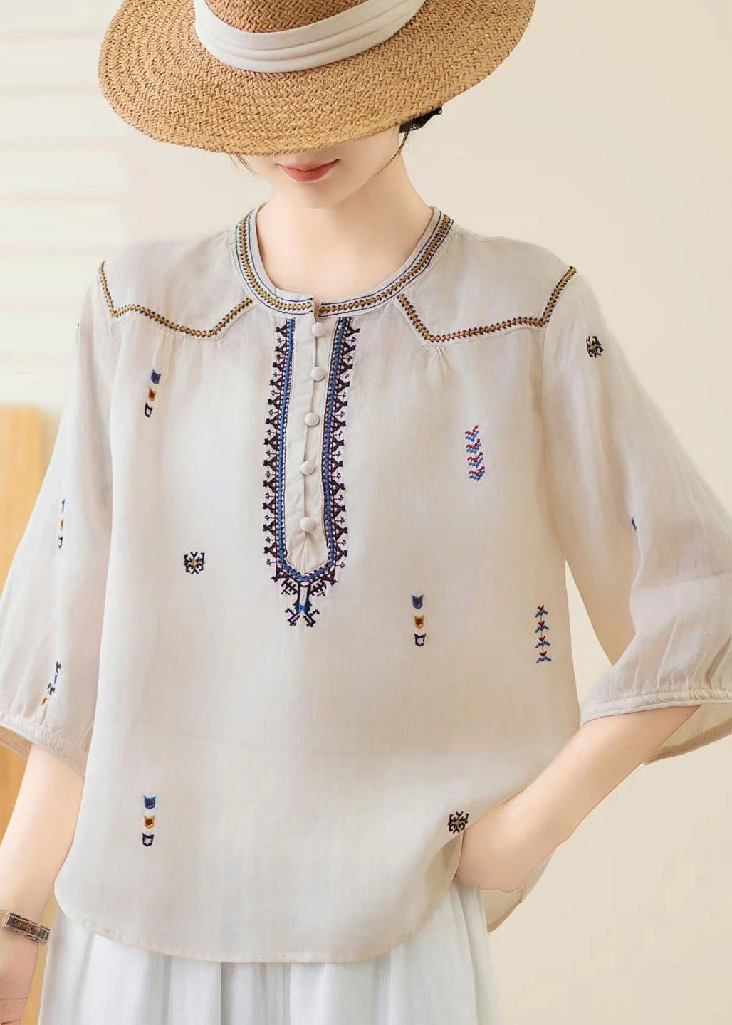 New Yellow O Neck Embroidered Linen Top Bracelet Sleeve - Image 3