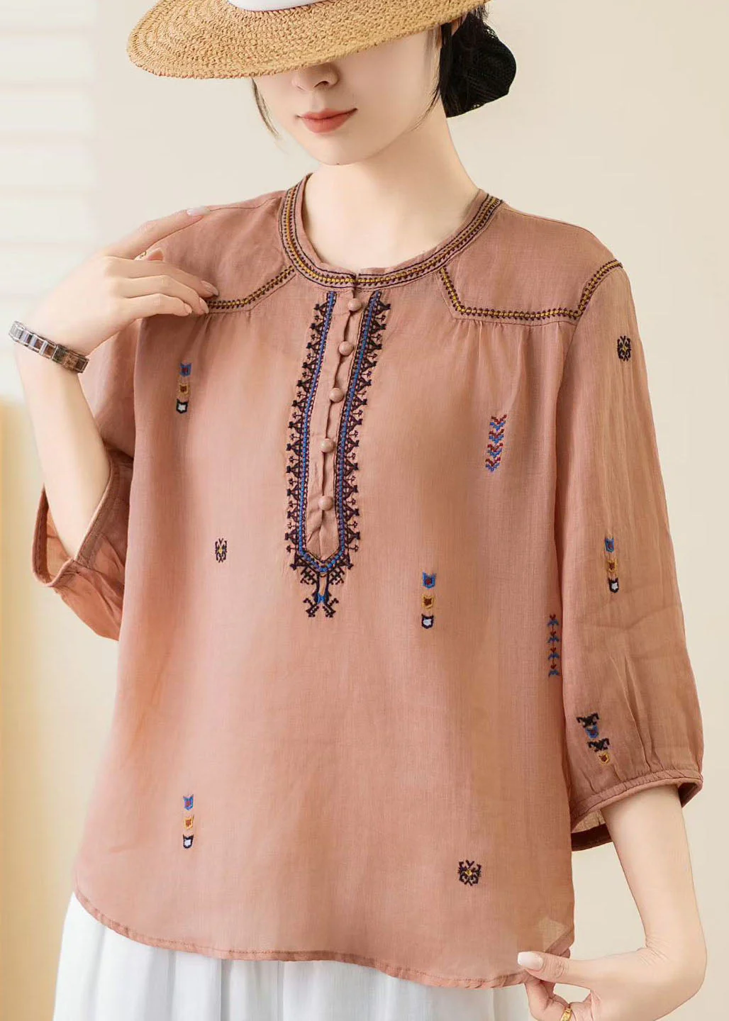 New Yellow O Neck Embroidered Linen Top Bracelet Sleeve - Image 4