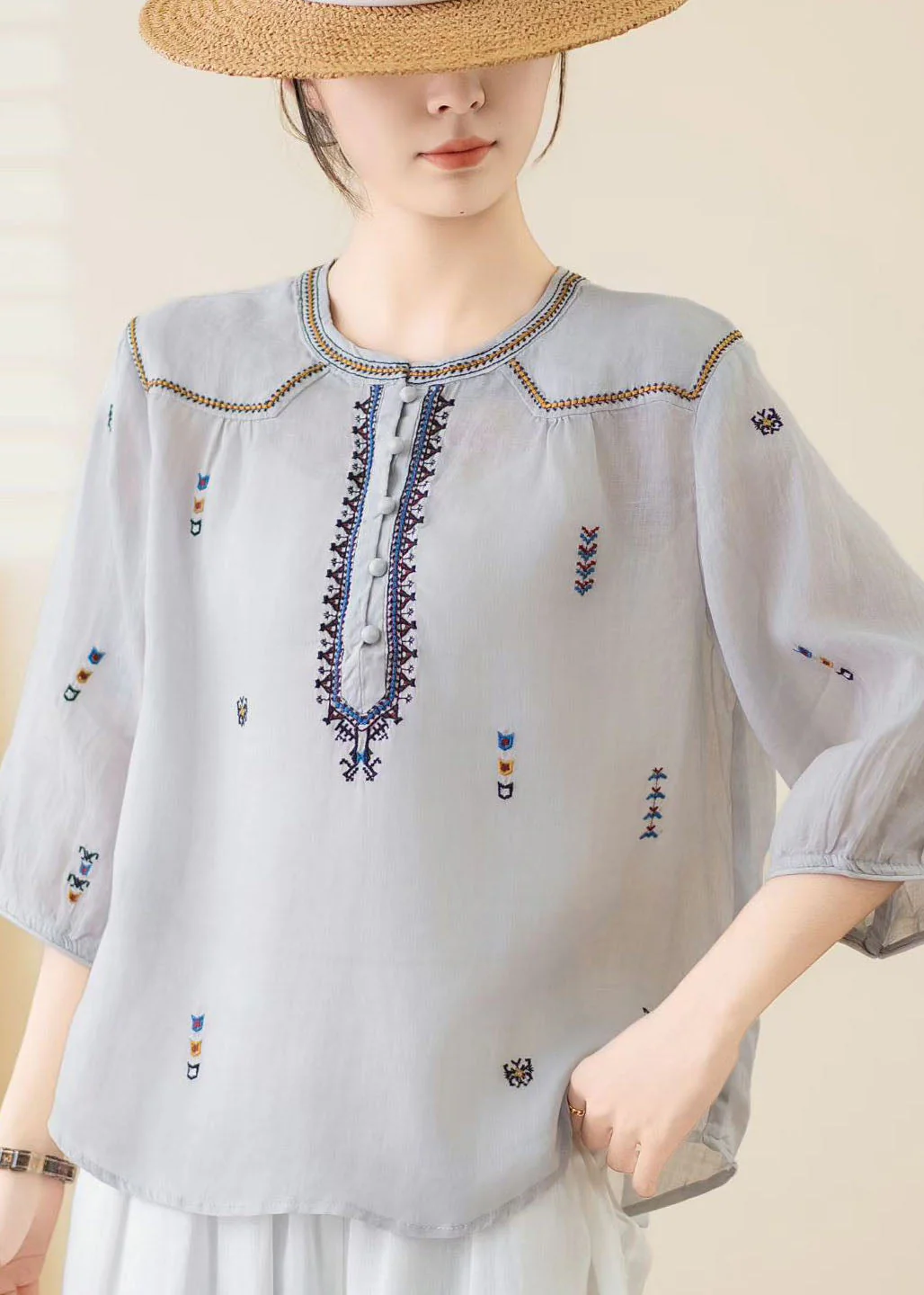 New Yellow O Neck Embroidered Linen Top Bracelet Sleeve - Image 5