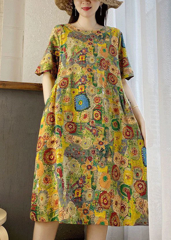 New Yellow O Neck Print Pockets Cotton Dresses Summer - Image 3