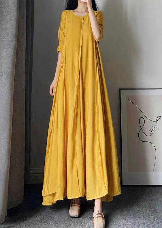 New Yellow O Neck Wrinkled Patchwork Cotton Exra Large Hem Dress Fall - Image 2