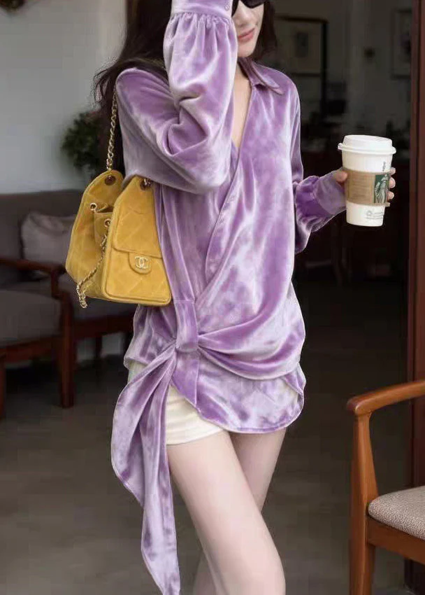 New Yellow Peter Pan Collar Solid Silk Velour Shirt Spring - Image 2