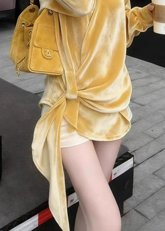 New Yellow Peter Pan Collar Solid Silk Velour Shirt Spring - Image 5