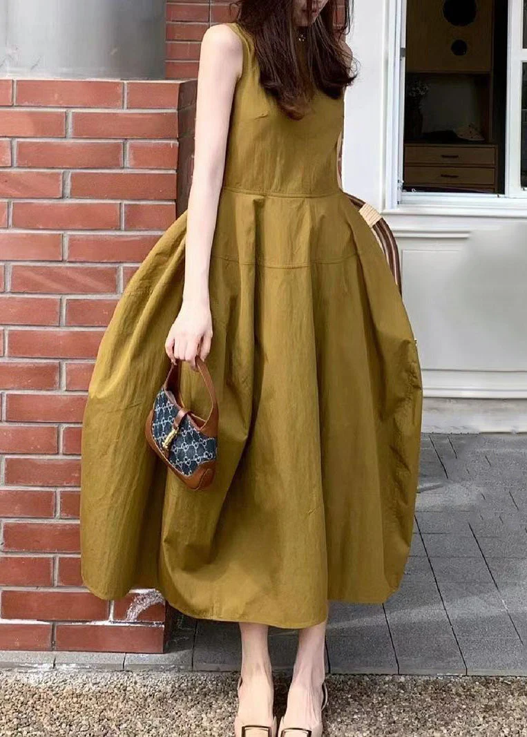 New Yellow Pockets Solid Cotton Long Dresses Sleeveless - Image 3