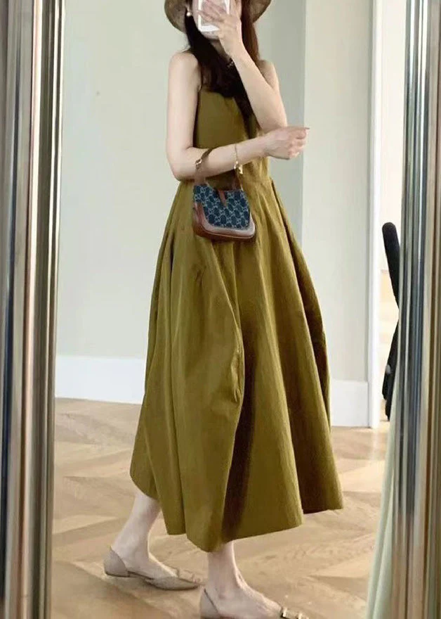 New Yellow Pockets Solid Cotton Long Dresses Sleeveless - Image 4
