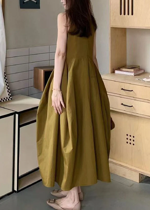 New Yellow Pockets Solid Cotton Long Dresses Sleeveless - Image 5