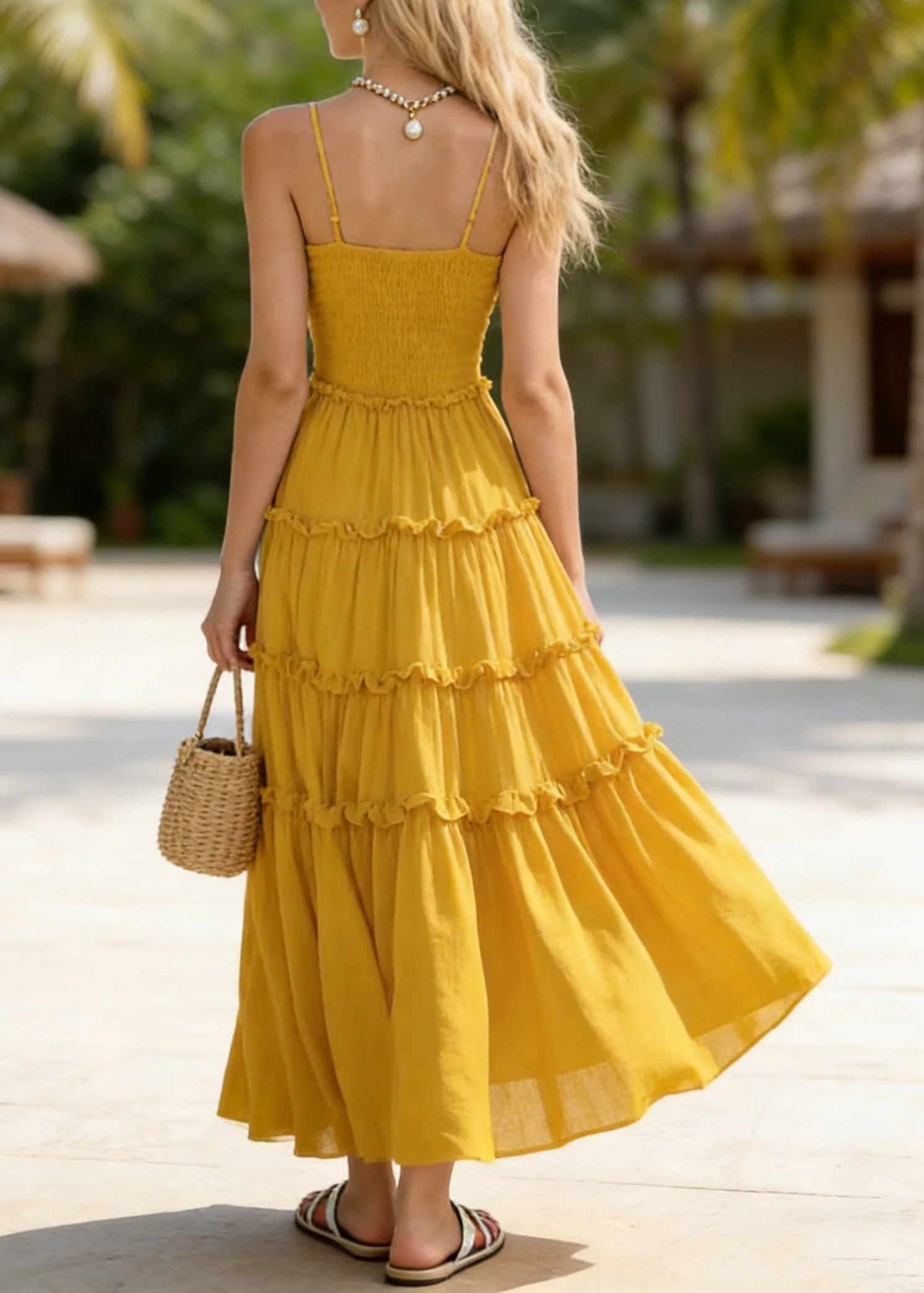 New Yellow Ruffled Patchwork Chiffon Spaghetti Strap Dress Summer - Image 2