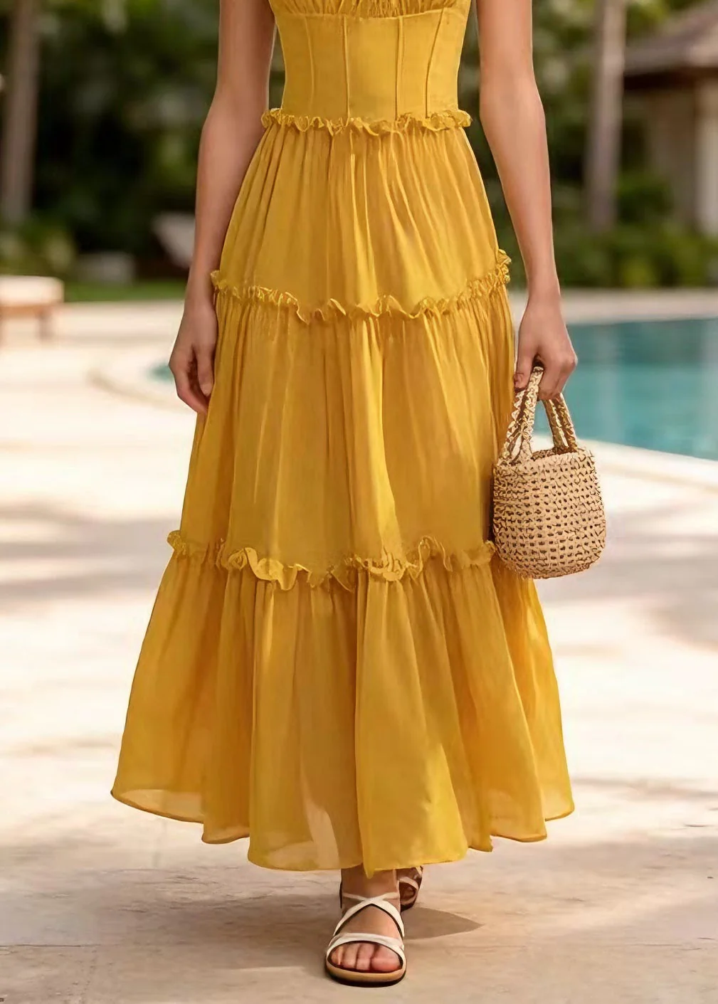 New Yellow Ruffled Patchwork Chiffon Spaghetti Strap Dress Summer - Image 4
