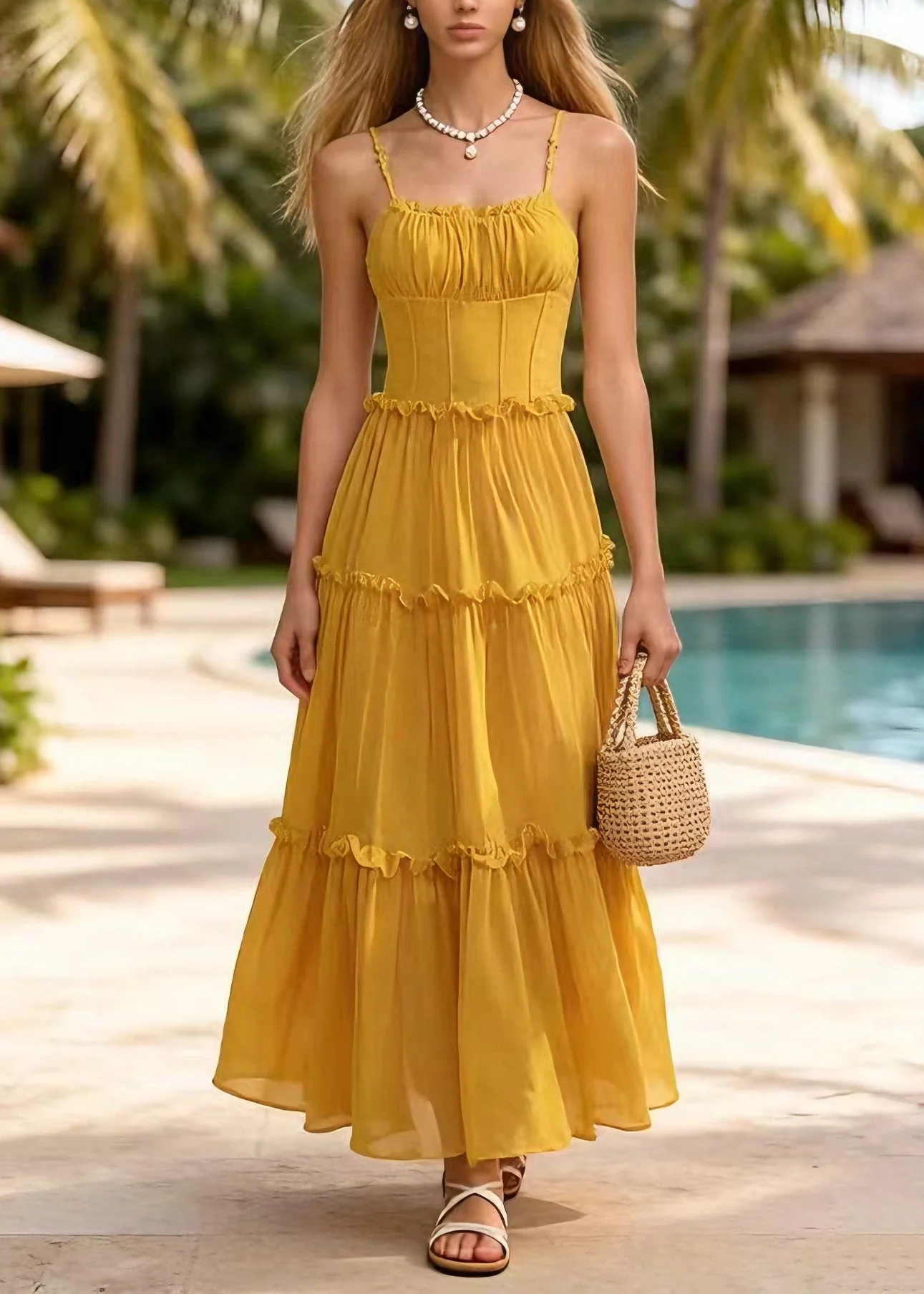New Yellow Ruffled Patchwork Chiffon Spaghetti Strap Dress Summer - Image 5