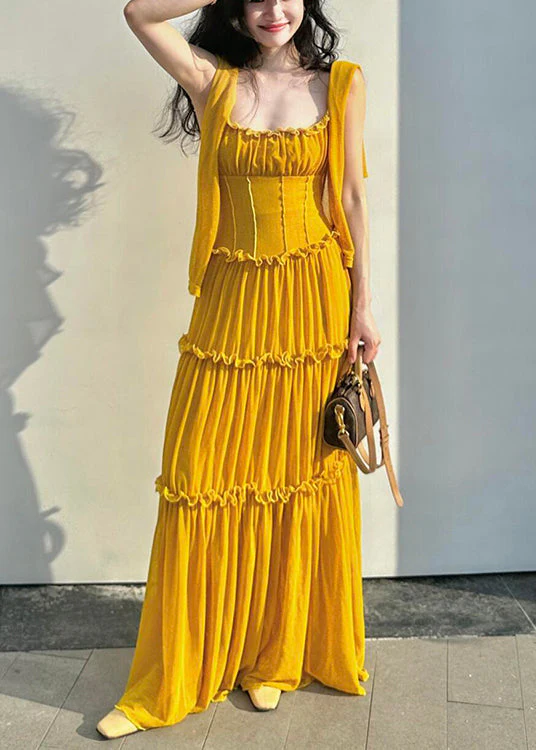 New Yellow Ruffled Solid Cotton Spaghetti Strap Dress Sleeveless