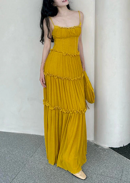 New Yellow Ruffled Solid Cotton Spaghetti Strap Dress Sleeveless - Image 2
