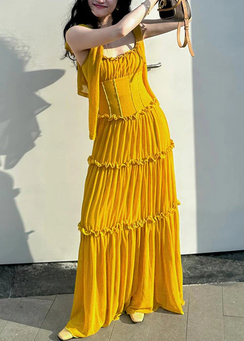 New Yellow Ruffled Solid Cotton Spaghetti Strap Dress Sleeveless - Image 3