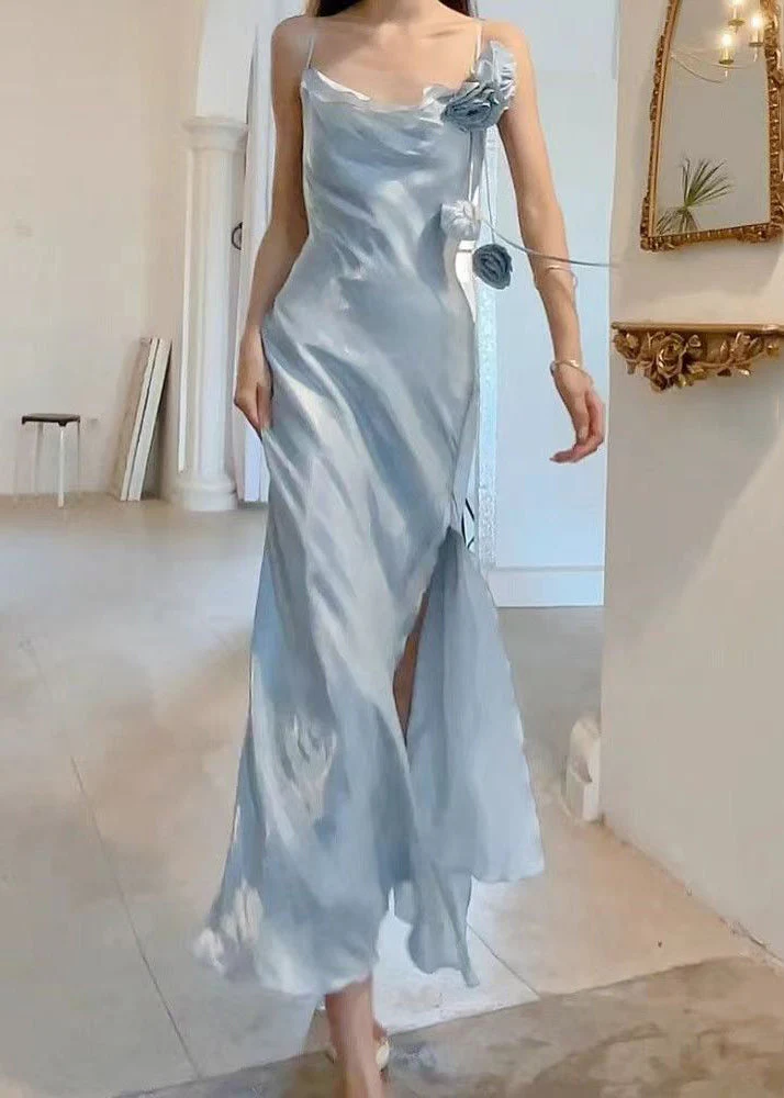 New Yellow Side Open Solid Silk Spaghetti Strap Dress Sleeveless - Image 2