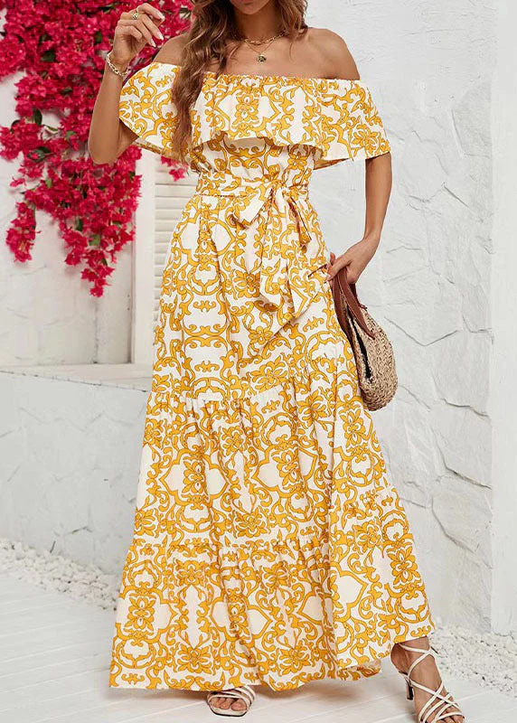New Yellow Slash Neck Print Tie Waist Cotton Long Dress Summer - Image 2