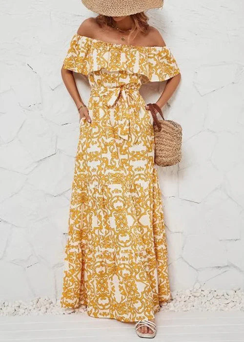 New Yellow Slash Neck Print Tie Waist Cotton Long Dress Summer - Image 3