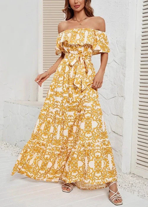 New Yellow Slash Neck Print Tie Waist Cotton Long Dress Summer - Image 4