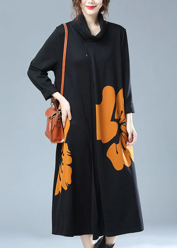 New Yellow Turtleneck Print Patchwork Cotton Long Dresses Fall - Image 2
