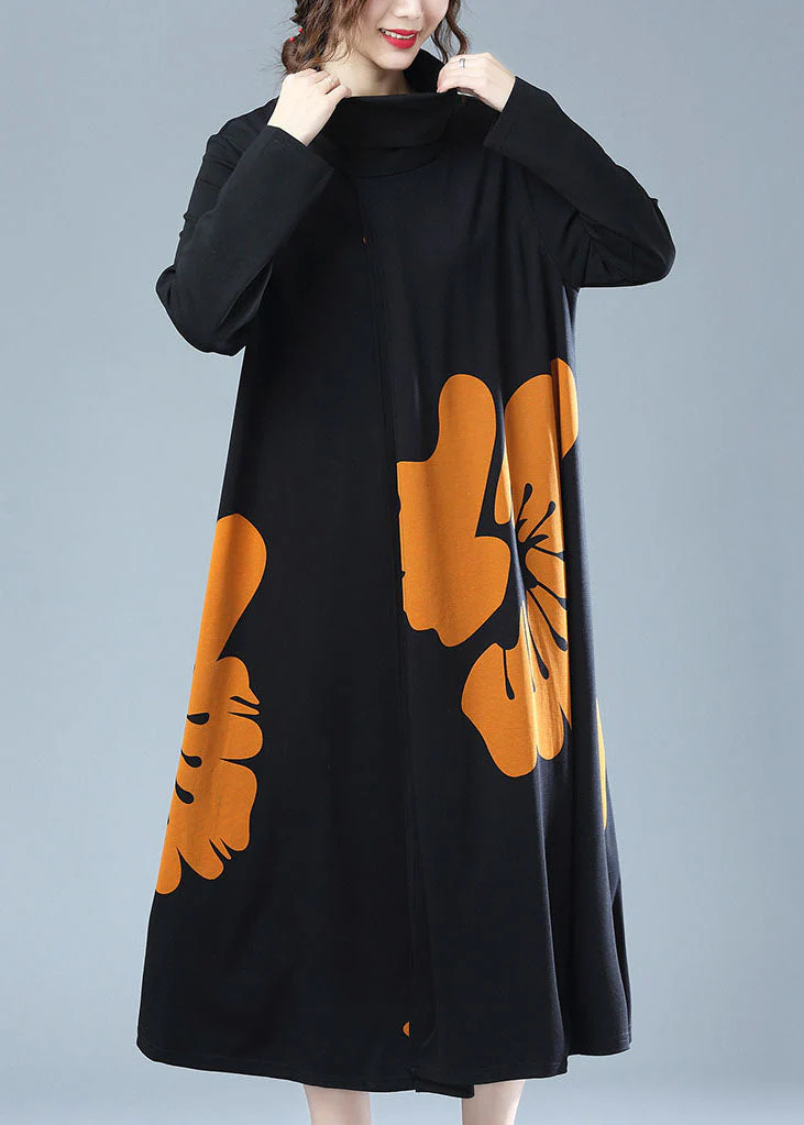 New Yellow Turtleneck Print Patchwork Cotton Long Dresses Fall - Image 3