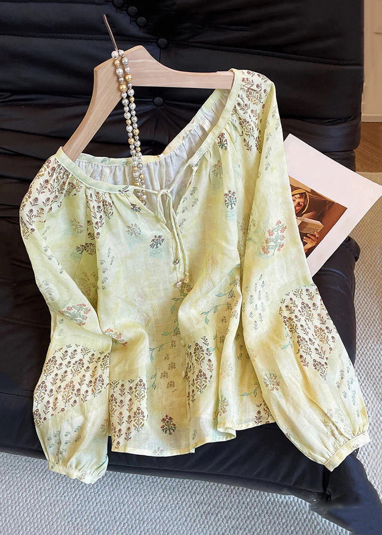 New Yellow V Neck Print Lace Up Cotton Blouse Tops Fall - Image 2