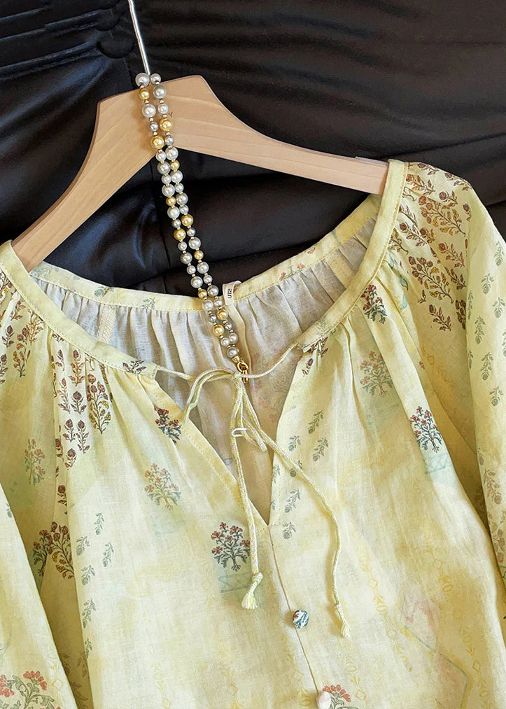 New Yellow V Neck Print Lace Up Cotton Blouse Tops Fall - Image 3