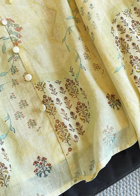 New Yellow V Neck Print Lace Up Cotton Blouse Tops Fall - Image 4