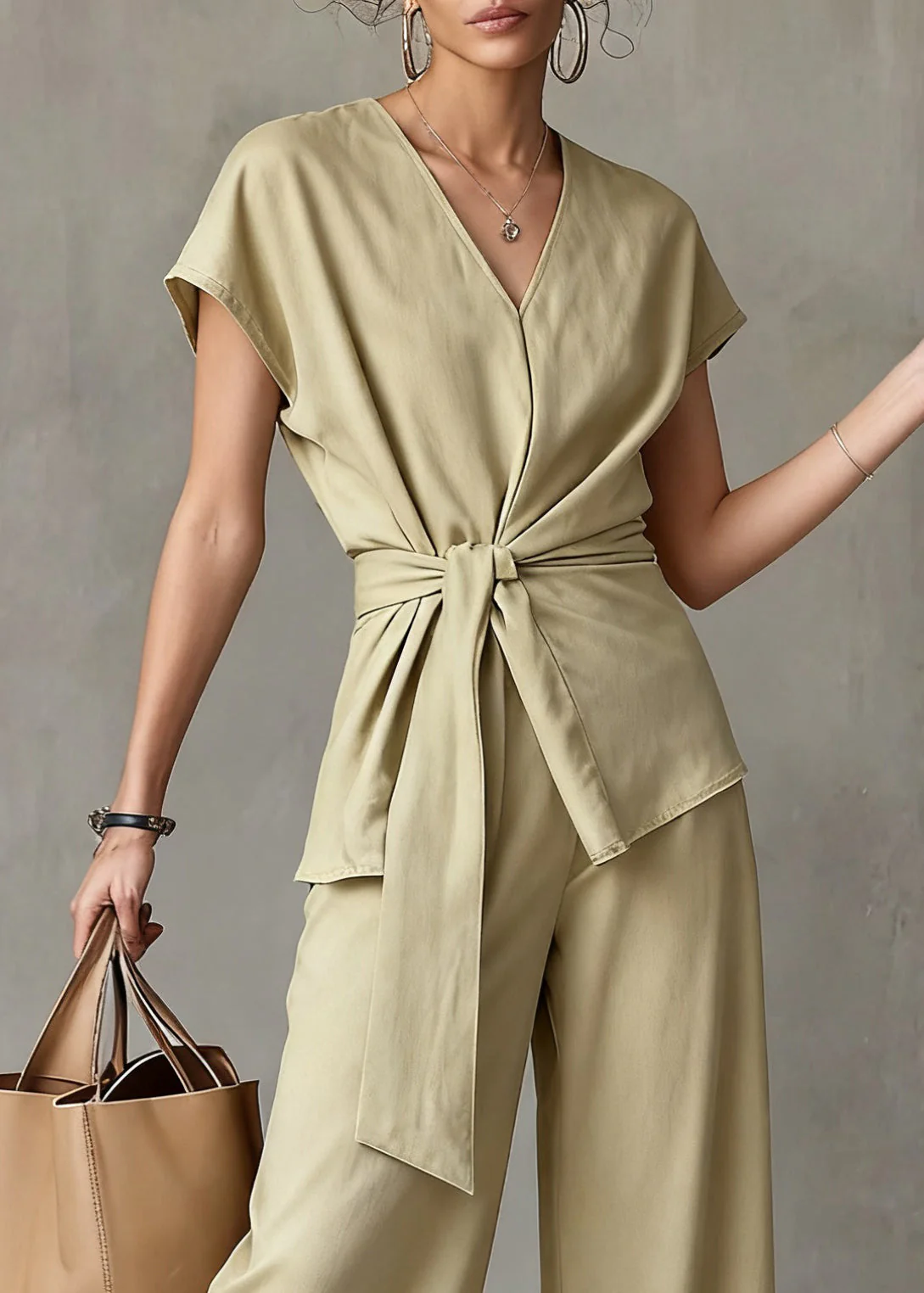 New Yellow V Neck Tie Waist Tops And Wide Leg Pants Linen Two Pieces Set Summer - Image 2