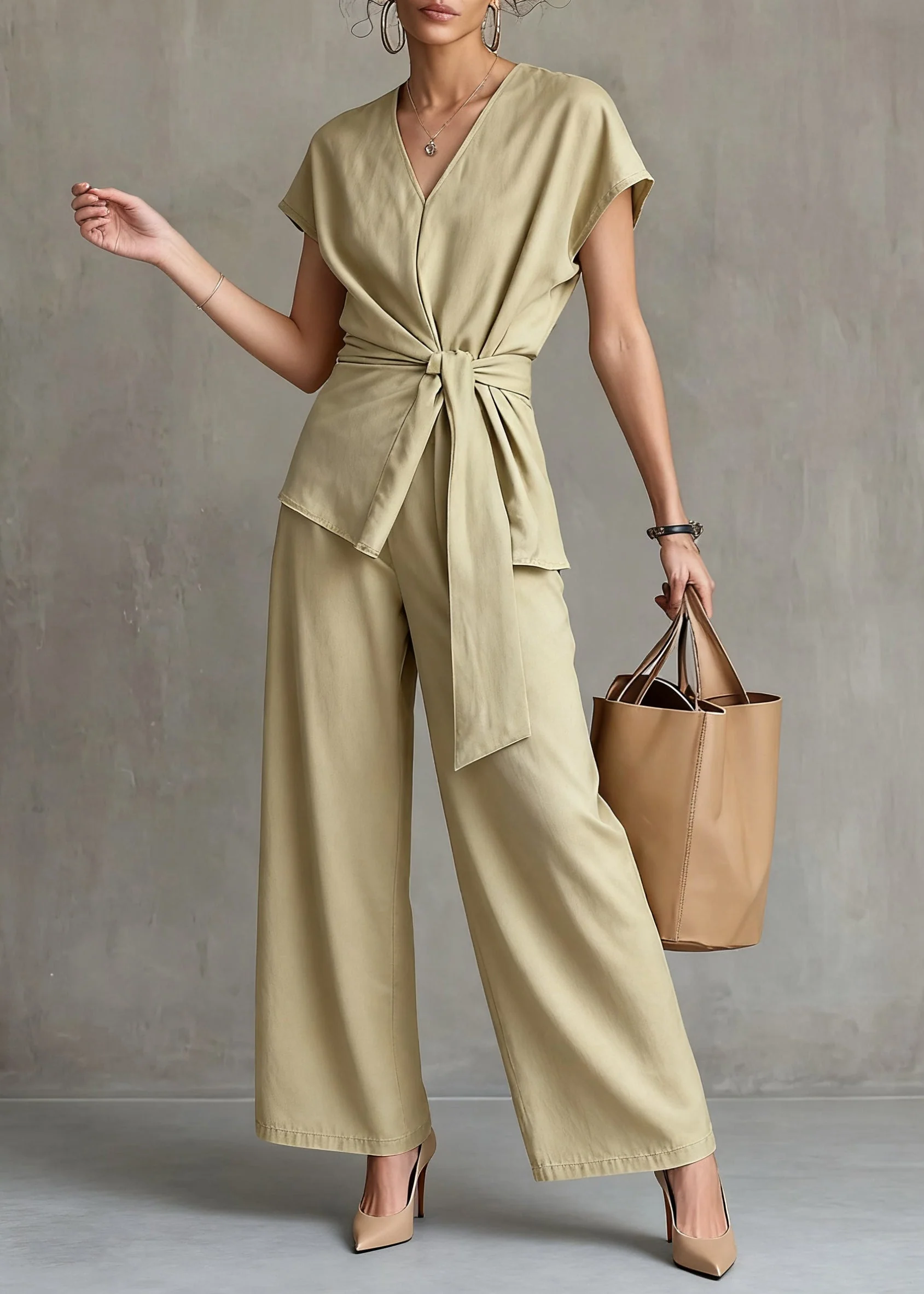 New Yellow V Neck Tie Waist Tops And Wide Leg Pants Linen Two Pieces Set Summer - Image 3