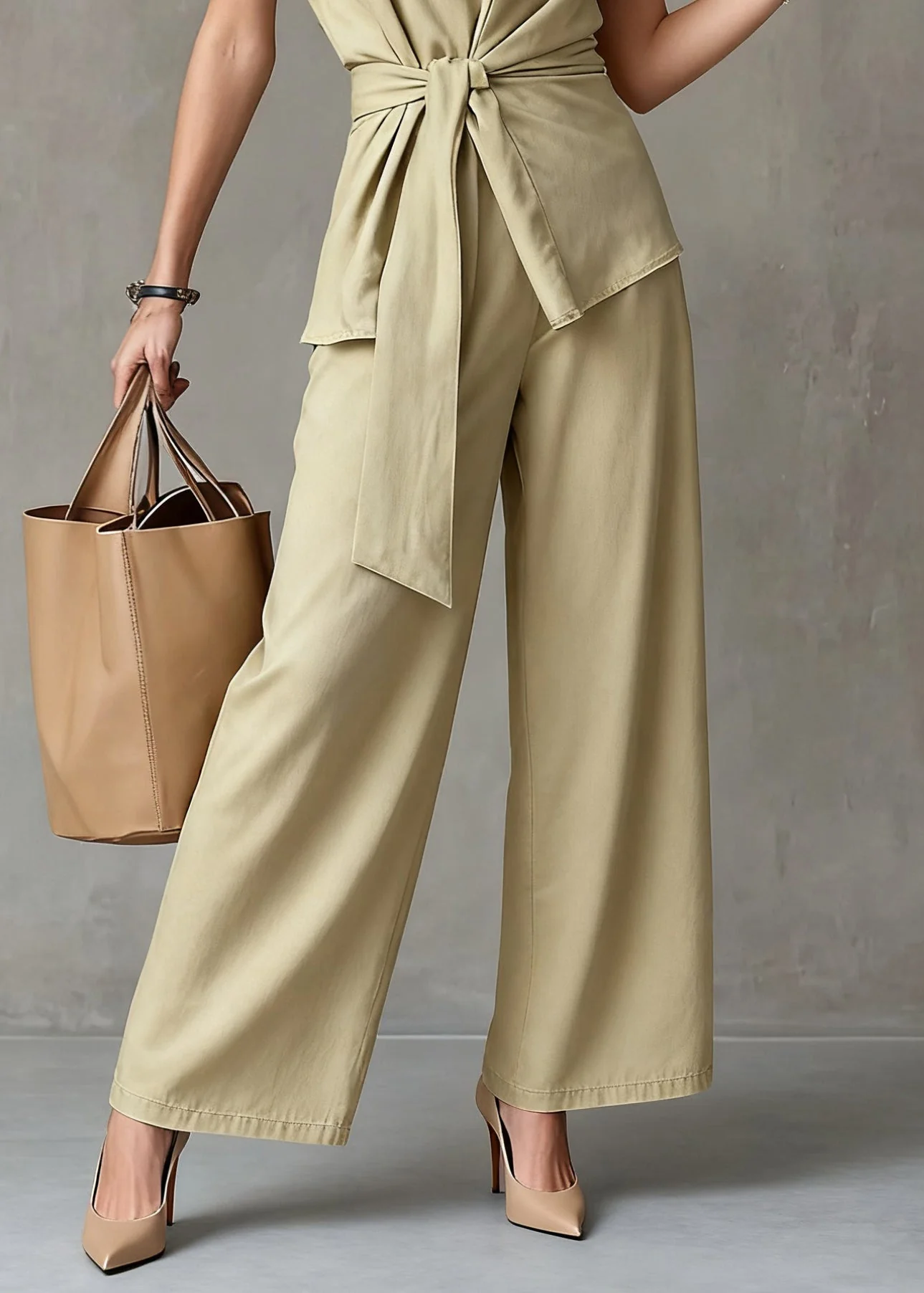 New Yellow V Neck Tie Waist Tops And Wide Leg Pants Linen Two Pieces Set Summer - Image 4