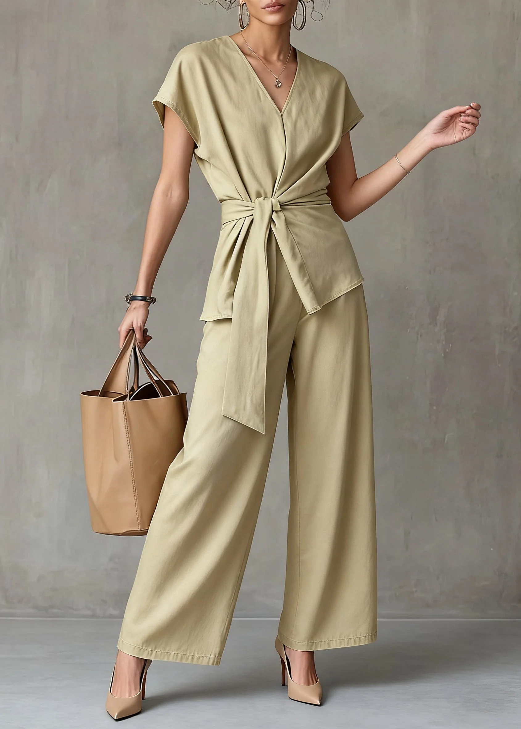 New Yellow V Neck Tie Waist Tops And Wide Leg Pants Linen Two Pieces Set Summer - Image 5