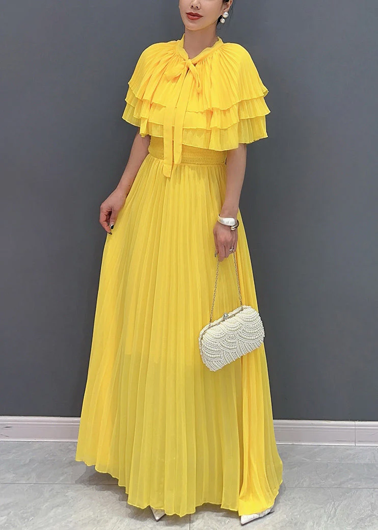 New Yellow Wrinkled Lace Up Chiffon Cape Dresses Summer - Image 3