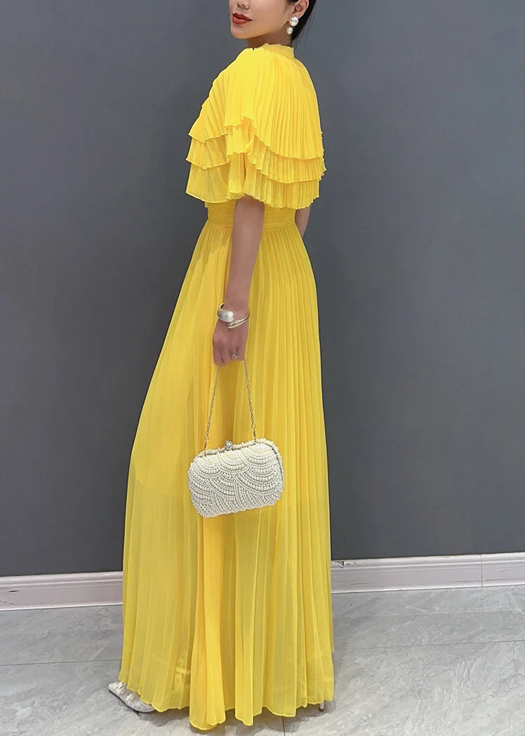 New Yellow Wrinkled Lace Up Chiffon Cape Dresses Summer - Image 5